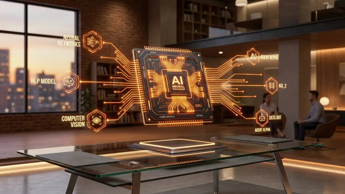 Futuristic AI neural network processor chip glowing with data connections