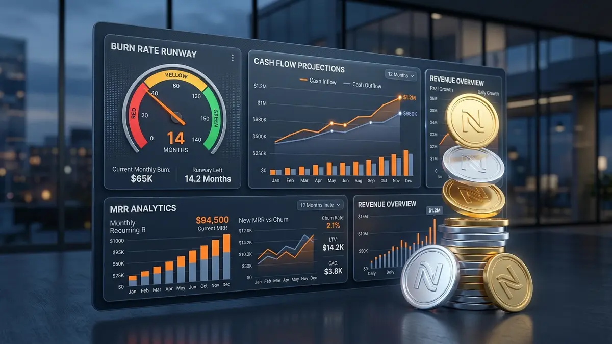 Virtual CFO financial dashboard showing cash flow runway and MRR analytics