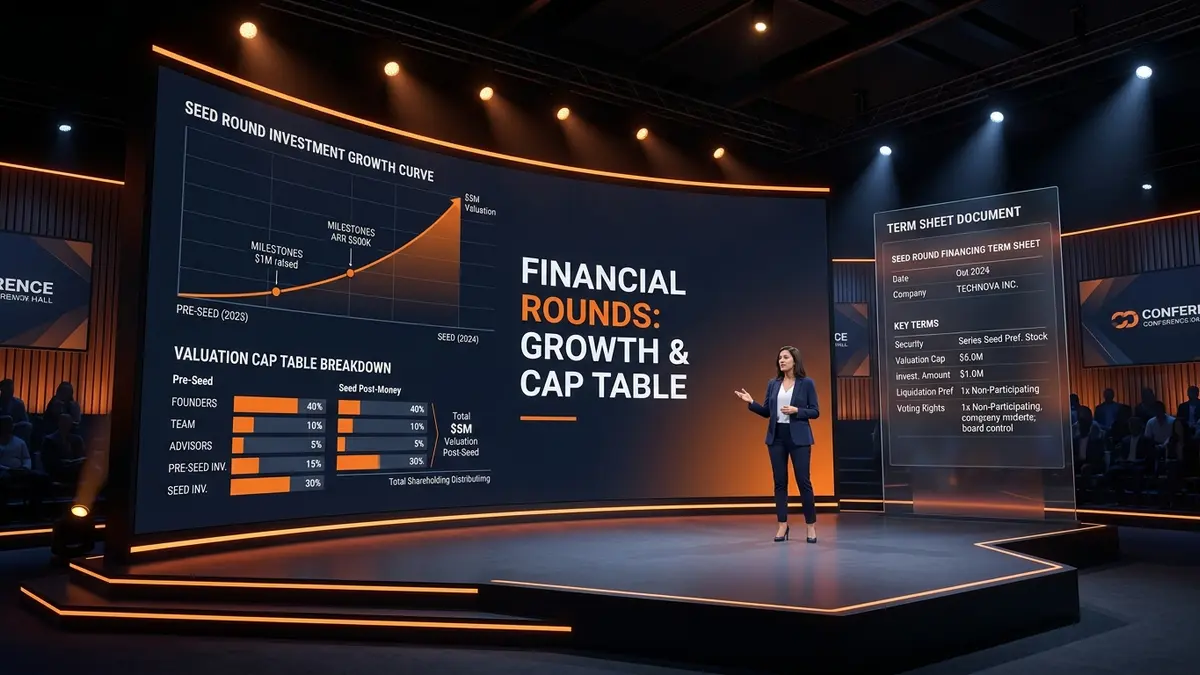 Startup pitch presentation stage with valuation cap table breakdown and growth curve