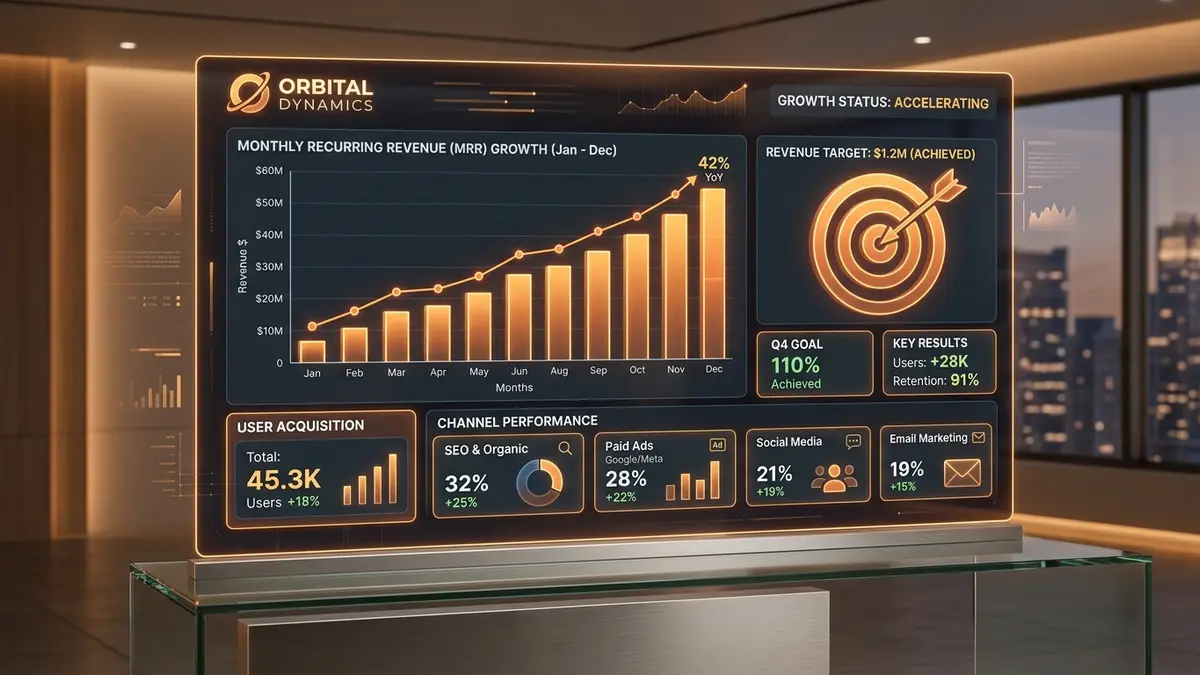 Startup growth traction dashboard with upward trending metrics and revenue analytics