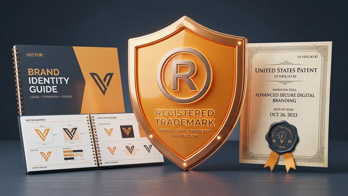 Intellectual property and trademark protection shield with brand guidelines
