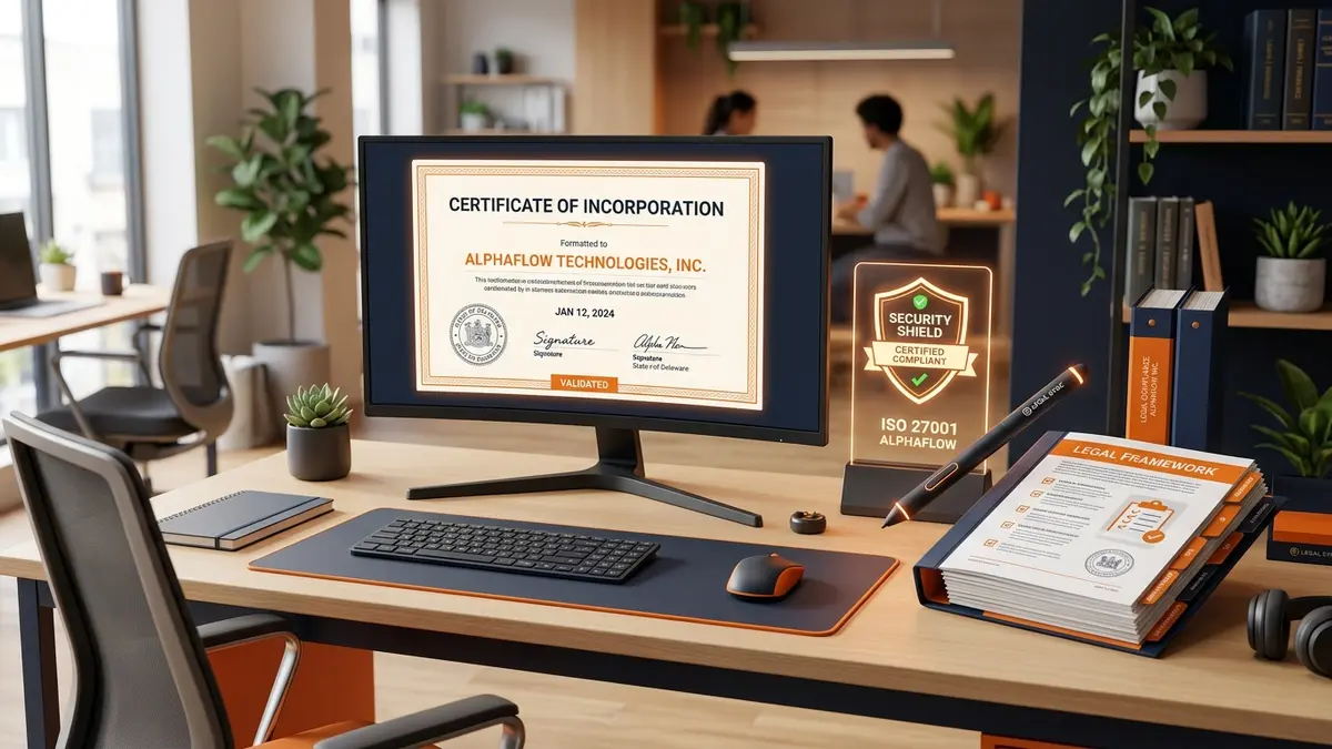 Startup legal compliance workstation with digital certificate and security seal