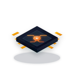 3D glossy computer processor AI microchip with glowing orange circuits